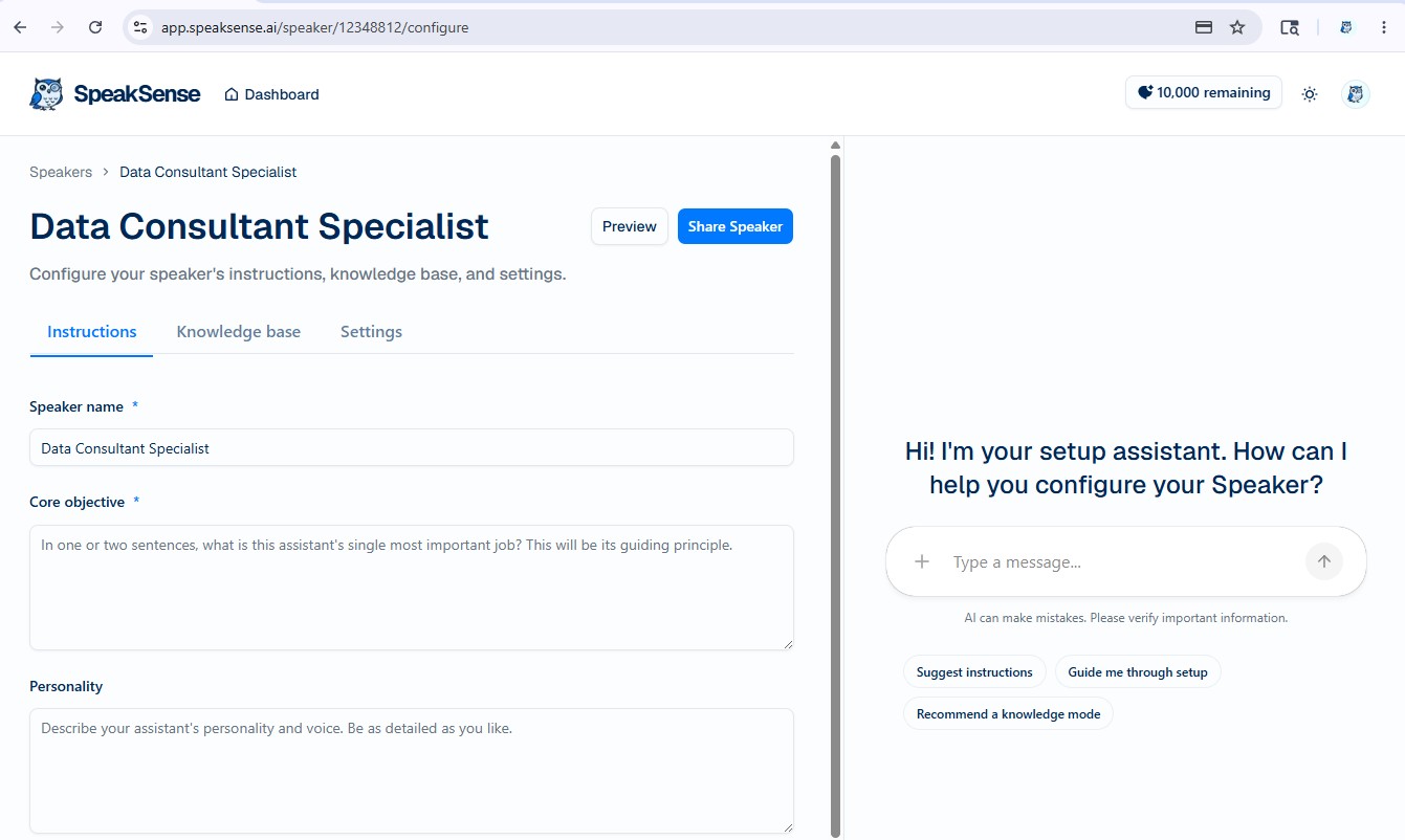 Configure Speaker Instructions Dashboard